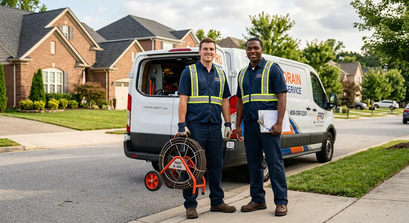Sewer and drain service team with equipment ready for work in Orion