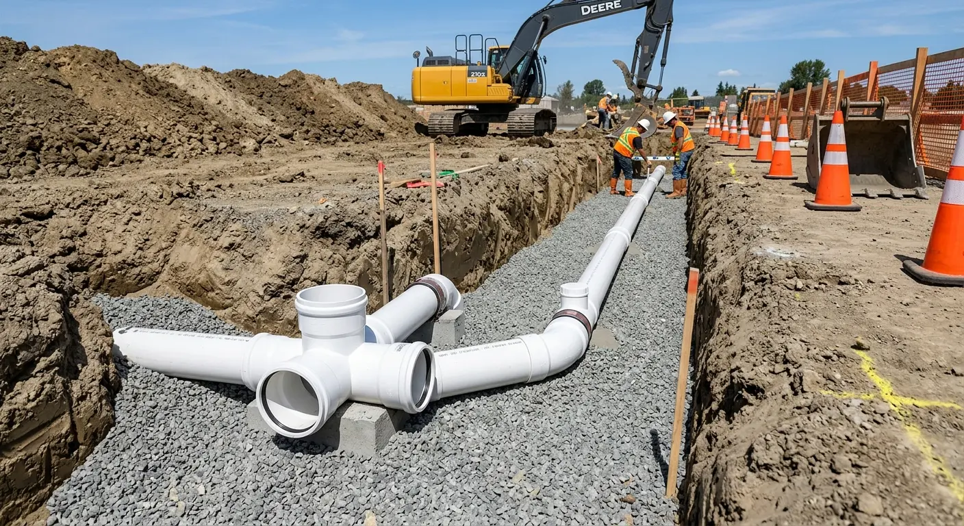 New PVC sewer pipe installation in open trench for Sewer Backup in Orion