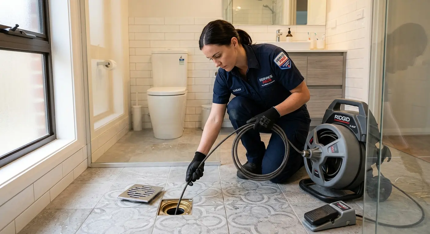 Technician clearing a bathroom floor drain for Drain Cleaning in Orion